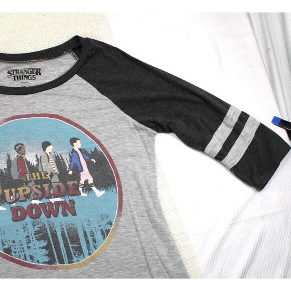 Stranger Things Raglan Sleeve Baseball Tee With "The Upside Down" Graphic Gray/B - Picture 3 of 6